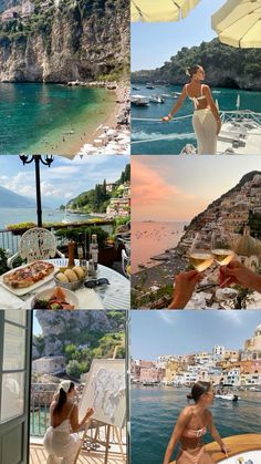 a collage of photos showing people enjoying wine and food on the beach, in different places