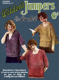 two women in crochet sweaters and one is wearing a dress with sleeves