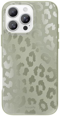 an iphone case with two cameras on it, in the shape of a leopard print