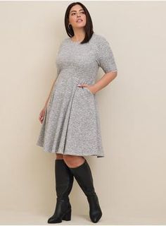 Plus Size - Mini Studio Double Knit Skater Dress - Torrid Mini Studio, Black Chiffon Blouse, Knit Skater Dress, Tiered Blouse, Ruffle Maxi Skirt, Trendy Plus Size Fashion, Structured Dress, Collared Shirt Dress, Dress Closet