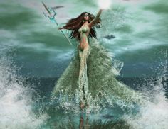 a beautiful woman holding a spear standing on top of a wave in the ocean with her arms outstretched