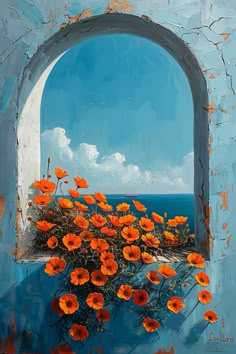 an oil painting of orange flowers in front of a blue wall with the ocean behind it