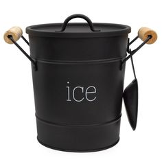 an ice bucket with two wooden handles and the word'ice'written on it