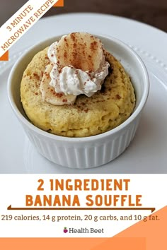 an advertisement for a banana souffle with cinnamon and whipped cream in a bowl