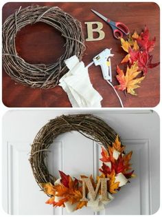 two pictures with fall wreaths and scissors on them