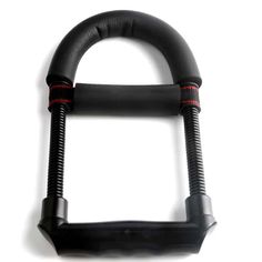 a black handlebar with red stitching on the ends and an o - ring