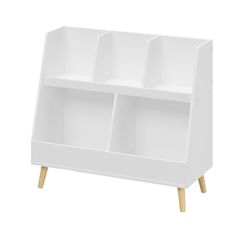 a white bookcase with three compartments on the bottom and two wooden legs, against a white background