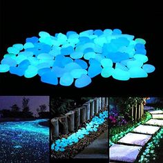 glow in the dark garden pebbles and walkways at night with blue lights on them