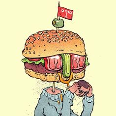 a drawing of a person holding a giant hamburger