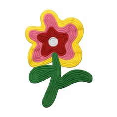 a flower with green stems and red center on a white background, embroidered applique