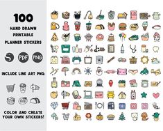 the 100 hand drawn planner stickers include line art, color and create your own stickers