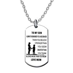 PRICES MAY VARY. Comes with lauhonmin jewelry bag!ready for giving! Stainless Steel Pendant Necklace - To My Son - Always remember you are Braver than you believe Stronger than you seem Smarter than you think & loved more than you know - Love Mom Inspirational Gifts - The love between mother and son is forever! PERFECT GIFT for Son from Mom not just for Mother's day birthday but for any time of the year! Chain Length: 60+5cm(23.6+1.97") Pendant Size: 4.8*2.5cm(1.89*0.98") The best gift for famil To My Son, Always Remember You, Mother Son, Jewelry Bag, Necklace For Men, Stronger Than You, Love Mom, Stainless Steel Pendant, Mothers Love