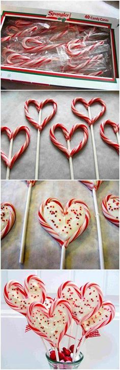 some heart shaped lollipops are being made