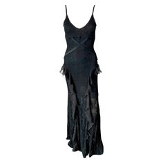 Christian Dior by John Galliano Ruffled Belted Sheer Lace Open Knit Black Evening Dress Gown XS/S Please note size tag has been removed. Dior Evening Dress, Vintage Dior Dress, Galliano Dress, Dior By John Galliano, Dior Dresses, Knit Gown, Black Evening Dress, Dior Dress, Vintage Christian Dior