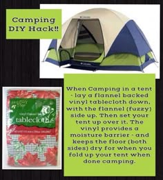 a tent with the words camping diy hack written in front of it and an image of