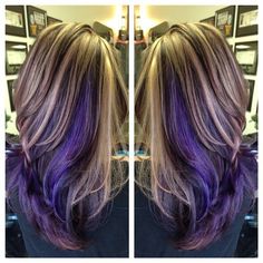 Curly Balayage, Purple Brown Hair, Highlight Lowlight, Purple Hair Highlights, Bob Black, Peekaboo Hair, Fun Hair