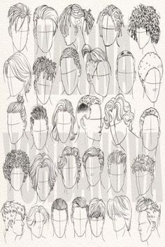 the different hairs styles for men and women are shown in this hand drawn drawing technique