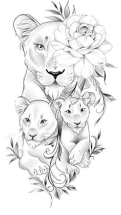 a lion and two cubs with roses on their heads, in the middle of a tattoo design