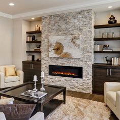 a living room with two couches and a fire place in the middle of it