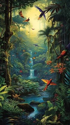 a painting of birds flying over a waterfall in the middle of a jungle with trees and plants