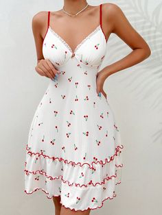 Cherry Print Lace Trim Ruffle Hem Cami Pajama Nightdress White Casual-Young  Sleeveless Knitted Fabric Fruit&Vegetable Slip Dress Medium Stretch All Women Sleep & Lounge, size features are:Bust: ,Length: ,Sleeve Length: Cheap Red Sleepwear For Night, Cheap Romantic Red Sleepwear, Cheap Romantic Cami Intimates, Cheap Coquette Summer Sleepwear, Women Nightwear Dresses, Ulzzang Outfit, Night Wear Dress, Backless Slip Dress, Nightwear Dress