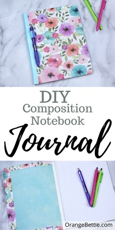 the composition notebook journal with flowers and pens on it