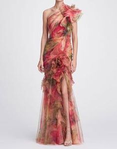 Marchesa Gowns, Organza Gown, Silk Evening Dress, Organza Gowns, Coral Print, Printed Gowns, Dresses Elegant, Chiffon Gown