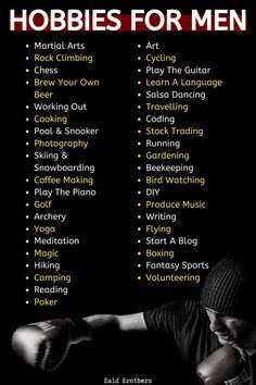 a poster with the words hobbies for men