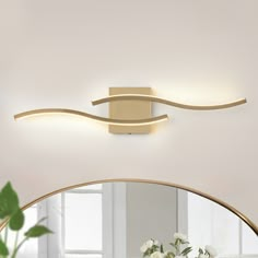 a bathroom light that is on the wall above a mirror and vase with flowers in it