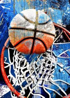 an abstract painting of a basketball going through the hoop