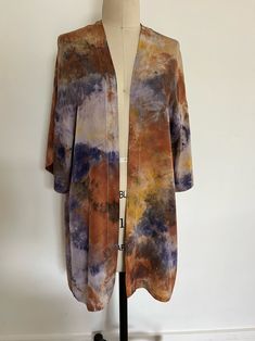 Stunning silk duster jacket - hand dyed with nature. Open / one size. Beautiful to dress up at night, and perfect to slip on over jeans to elevate your look. Dyed with marigold flowers, ceylon tea, fustic extract, logwood and iron water Silk Duster Coat, Silk Duster, Iron Water, Marigold Flowers, Ceylon Tea, Event Dress, Duster Jacket, Fashion Days, Dyed Silk