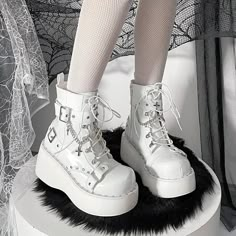 Kawaii Aesthetic Y2K Cute Fairy White Black Windy Boots ON1421 MK Kawaii Store Shoe Reference, Kawaii Store, Egirl Clothes, Black Color Scheme, Punk Boots, White Boots, Martin Boots, Platform Boots, Classic Elegance