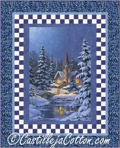 a christmas card with a castle in the middle and snow covered trees on both sides