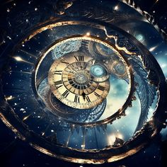 an artistic photograph of a clock in the center of a spiral stair case with stars and lights around it