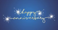 happy anniversary card with sparkles on blue background