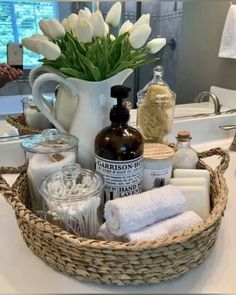 a basket filled with lots of bathroom items