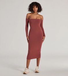 An off-the-shoulder midi dress perfect for those carefree days! It features fitted long sleeves and a bodycon fit that shows off your curves. Pair with sneakers.Fit & FeaturesRibbed knit fabrication, stretchy knit liningOff-the-shoulder necklineFitted long sleevesMidi length hemRuns true to size Knit Midi, Long Sleeve Midi, Knit Midi Dress, Workwear Dress, Black Maxi Dress, Trending Now, Windsor, Midi Length, Ribbed Knit