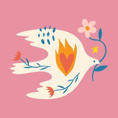 a white bird with a heart on it's wing and flowers around its neck