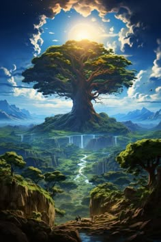 an artistic painting of a tree in the middle of a mountain with a river running through it