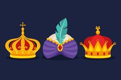 three crowns with feathers on them, one is purple and the other is red in color