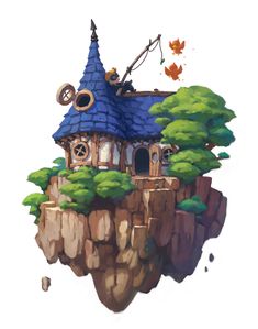 an illustration of a small house on top of a cliff with trees and birds flying around