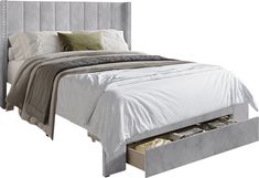 an upholstered bed with two drawers under the headboard and foot board is shown