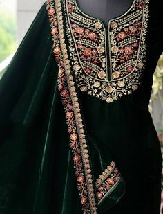 Item Overview ATHARVA Hand Embroidery Salwar Kameez/Velvet Embroidery Shirt/Bottle Green/Tilla n thread Embroidery Shirt Dupatta/Custom Stitch/Patiala/Plazo/Pants Dno. VL013A Fabric: * Shirt - Velvet - 2.5 Mts - Bottle Green Embroidered Neck - Colors Available / Very Heavy Embroidery * Dupatta: Zari Tilla Work Velvet Dupatta- Tilla Embroidery on the Border- 2.5 Mts- Latkans Tassels * Bottom self Crepe Silk 2.5 Mts. Excusive Hand Embroidered Party Wear Punjabi Suit. Customization: * Fabrics Custo Embroidery On Velvet, Plazo Pants, Tilla Embroidery, Patiala Salwar Kameez, Velvet Dupatta, Embroidery Dupatta, Velvet Embroidery, Kurti Embroidery, Embroidery On Kurtis