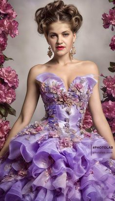 a woman in a purple dress with flowers around her