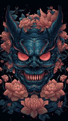 an image of a demonic demon with flowers on it's head and eyes in the background