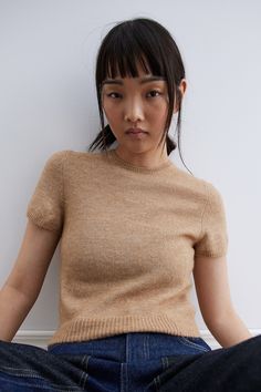 Fine-Knit T-Shirt - Dark beige melange - Ladies | H&M US Hm Sweater, Dark Beige, Fine Knit, Knitted Tshirt, Short Sleeved Sweaters, Colorful Sweaters, Trendy Fashion, H&m, Womens Tops