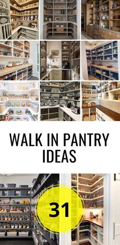 the inside of a pantry filled with lots of shelves and drawers that are labeled walk in pantry ideas