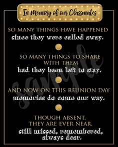 "In Memory Sign for Class Reunion PRINTABLE 8x10\" - INSTANT DOWNLOAD - Not a physical sign This is a printable sign to use at a Class Reunion memorial table. Simply print (or have the sign printed) and add to a frame, print on canvas or attach to chipboard and place on an easel. Whether you create a table with photos of classmates that have passed, place it at the registration table or near a guest sign in, this is a beautiful tribute sign. >COORDINATING CLASS REUNION ITEMS: Welcome Back Sig Mini Wine Bottle Favors, 40th Reunion