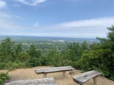 two wooden benches sitting on top of a hill