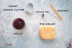 ingredients to make an apple pie laid out on a blue surface with the recipe below